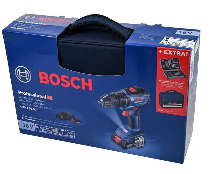 Шуруповерт акум. 18В GSR 18V-50 2*2Ah+набір біт BOSCH